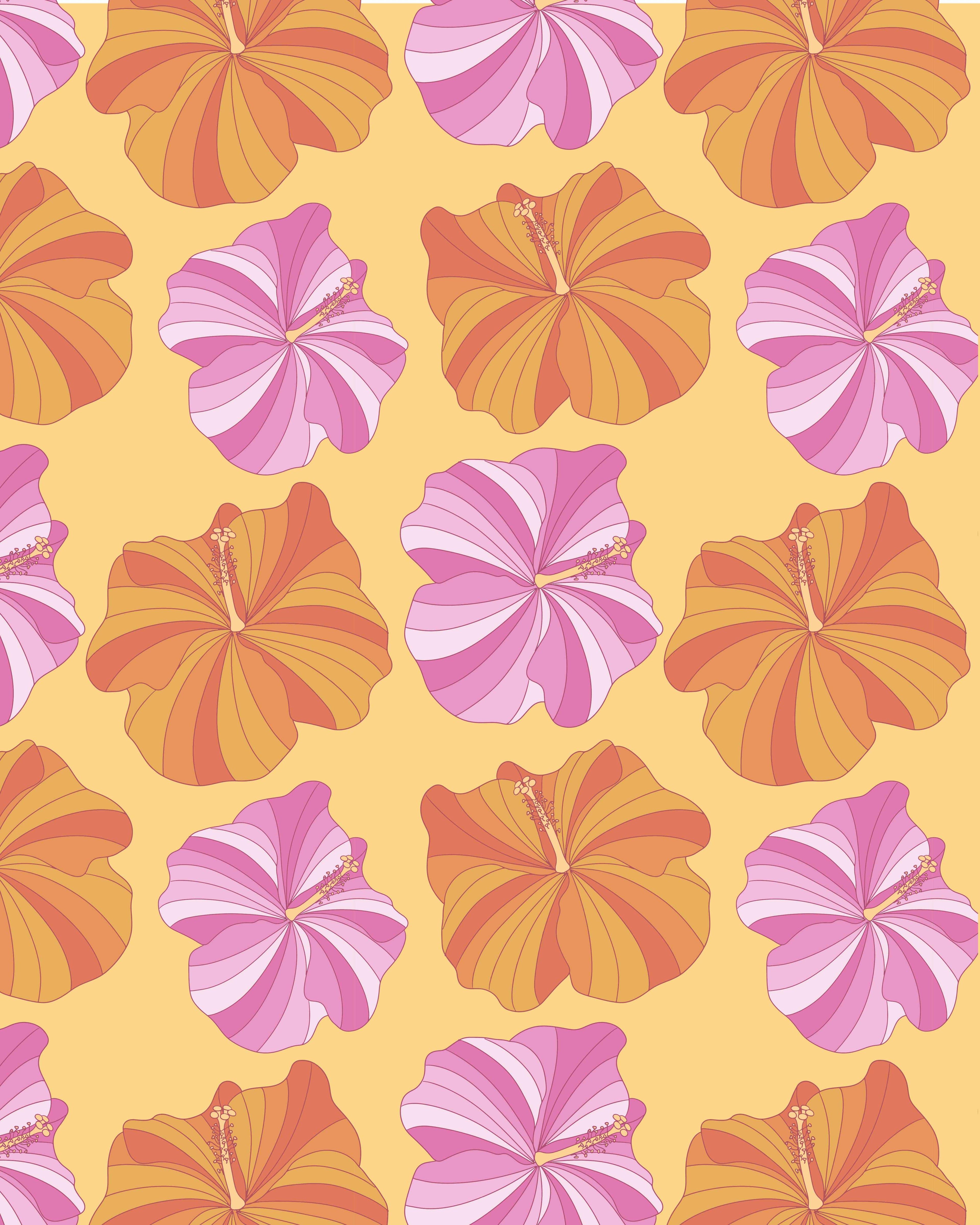 Pattern of pink and orange flowers on a yellow background