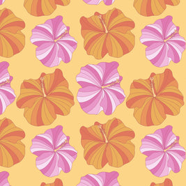 Pattern of pink and orange flowers on a yellow background