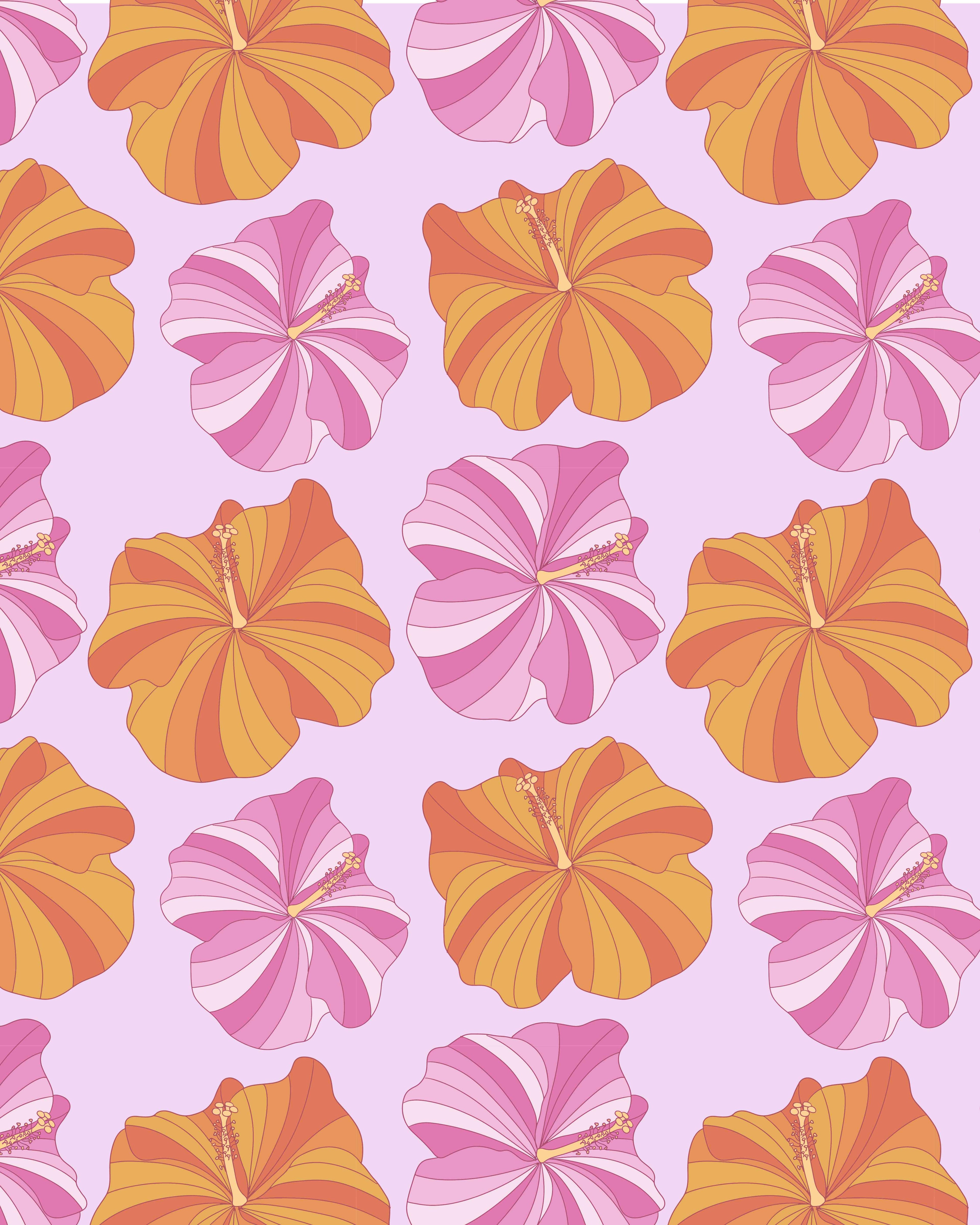 Pattern of pink and orange flowers on a light purple background