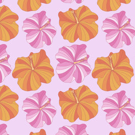 Pattern of pink and orange flowers on a light purple background