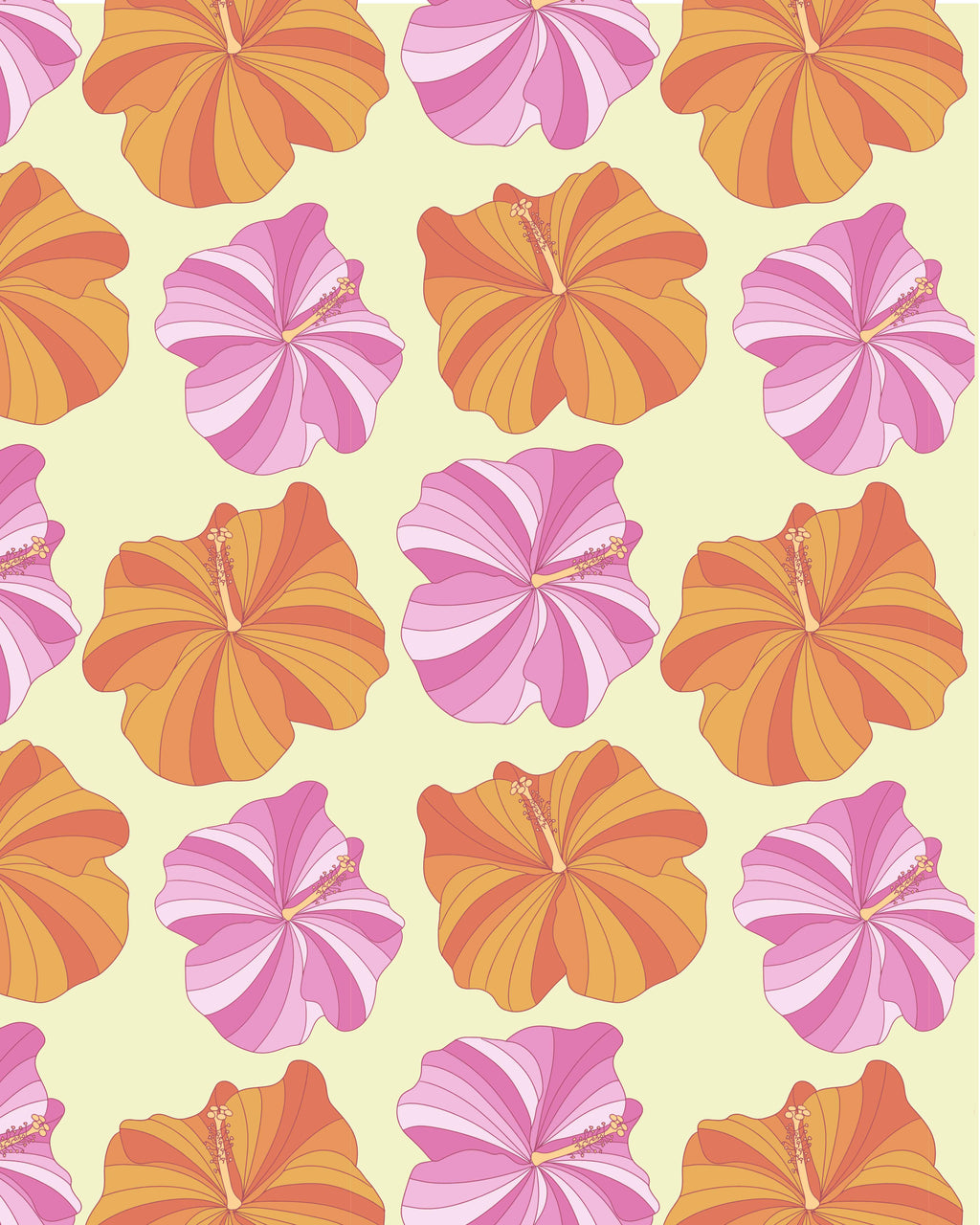 Pattern of pink and orange flowers on a light yellow background