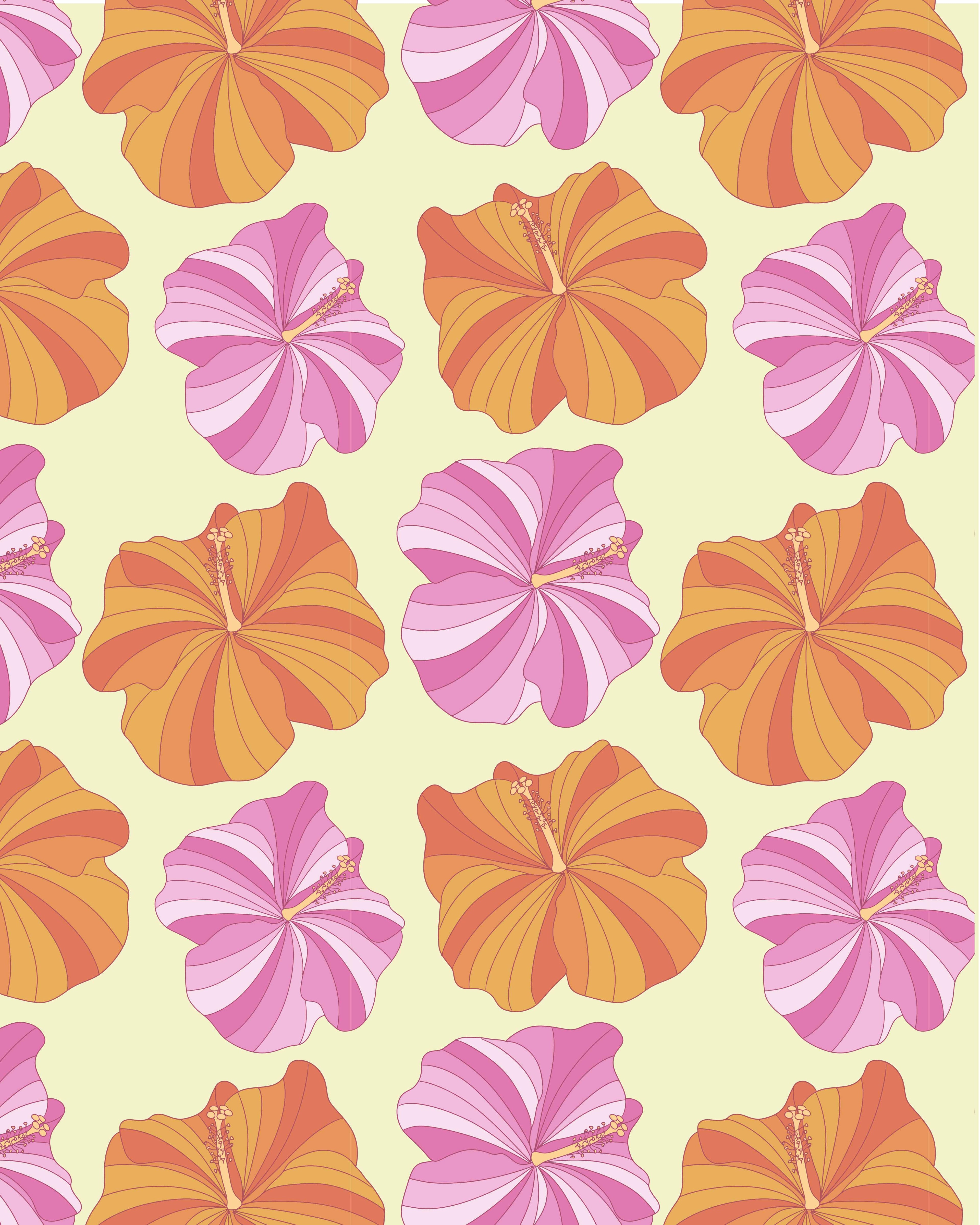 Pattern of pink and orange flowers on a light yellow background