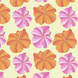 Pattern of pink and orange flowers on a light yellow background