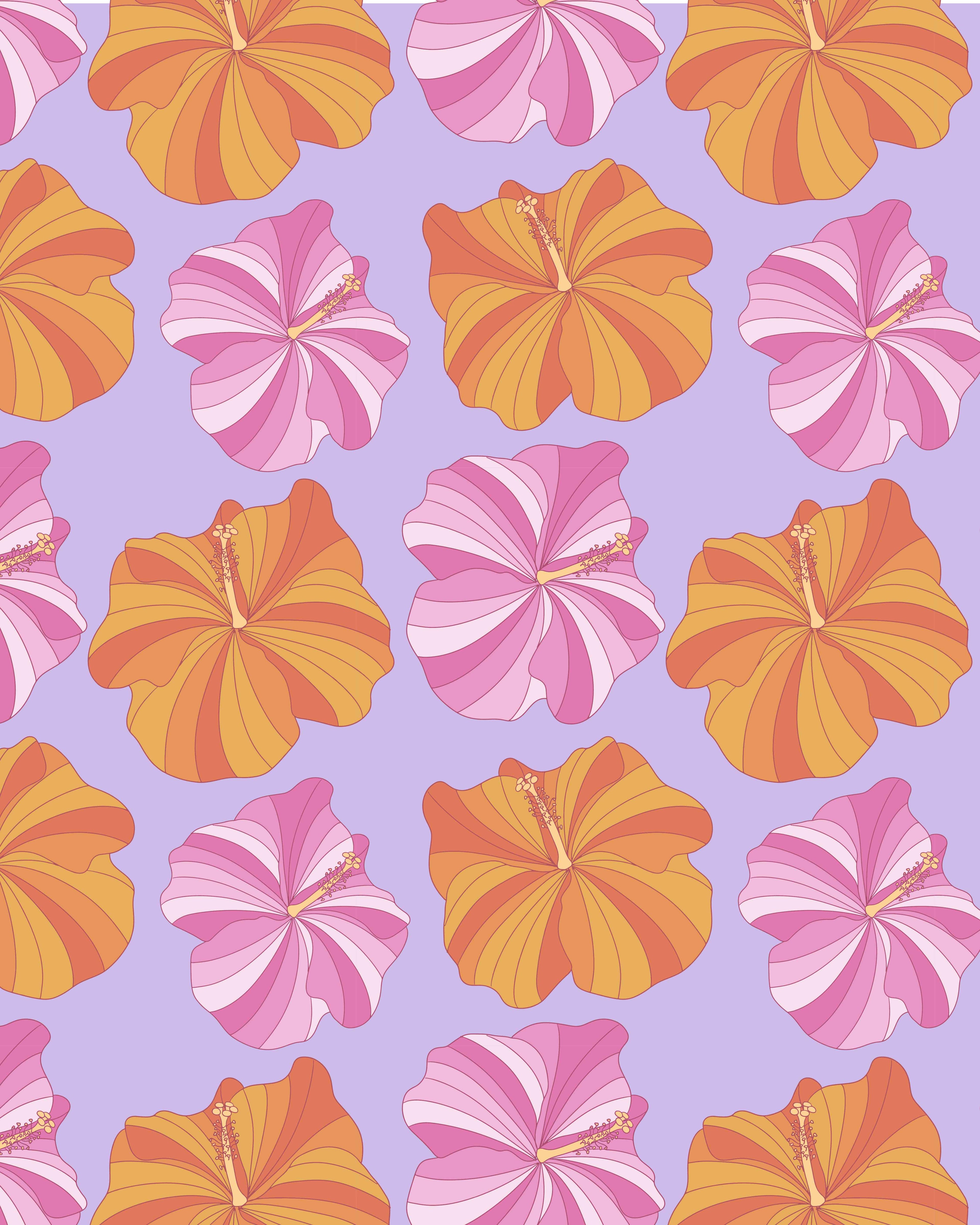 Pattern of pink and orange flowers on a purple background