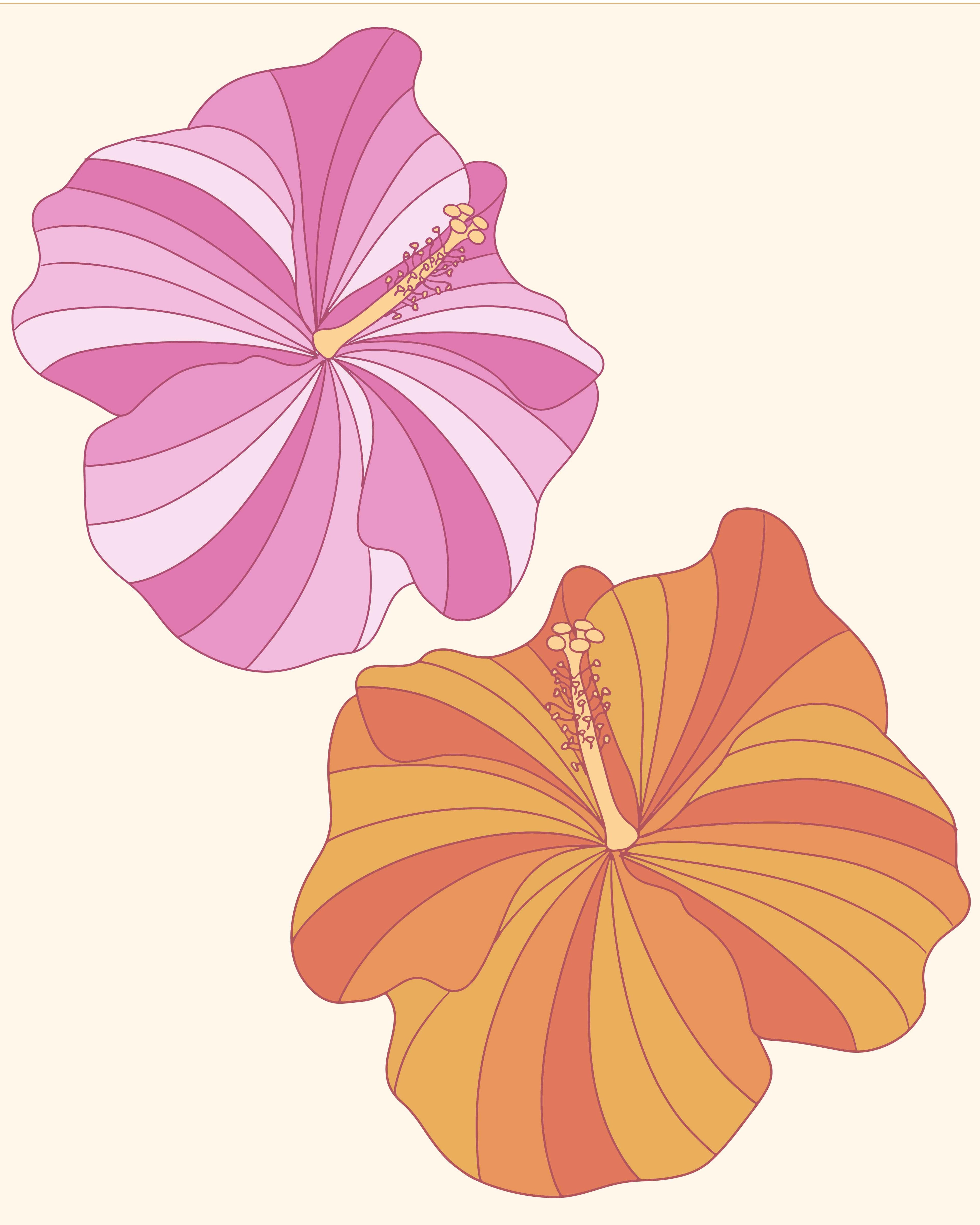 Two stylized hibiscus flowers, one pink and one orange, on a beige background.