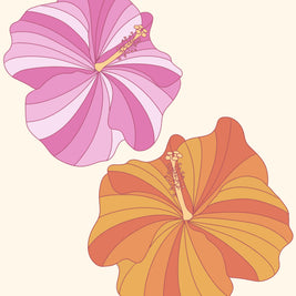 Two stylized hibiscus flowers, one pink and one orange, on a beige background.